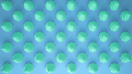 Flat colorful pop art composition with turquoise party cupcakes, bakery goodies, on blue background, pattern texture copy space