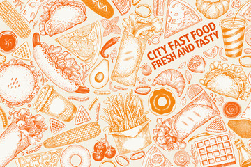 Fast food hand drawn vector illustrations. Street food banner design template. Can be use for fast food restaurant or cafe menu or packaging design.