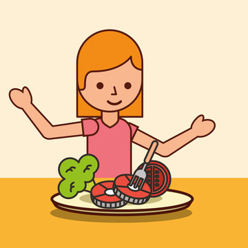 girl cartoon eating fish tomato broccoli vector illustration