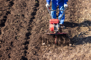 Worker with a machine cultivator digs the soil in the garden