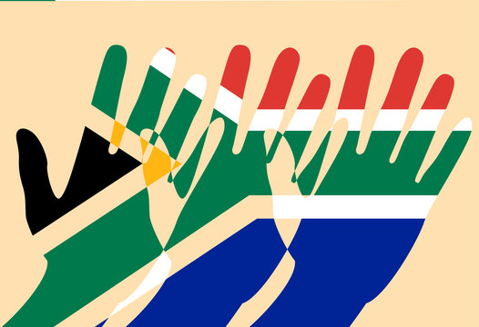 Nelson Mandela International Day. 18 July. Flag of the Republic of South Africa. Raised Hands, Cut-out parts