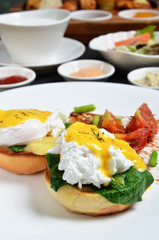 Closeup of two eggs Benedict          