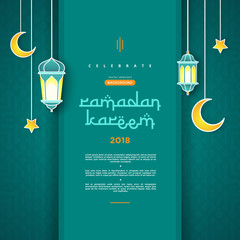Ramadan Kareem concept banner with islamic geometric patterns and frame. Paper cut flowers, traditional lanterns, moon and stars on dark green tosca background color. Vector illustration