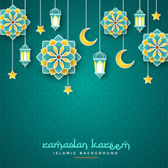 Ramadan Kareem concept banner with islamic geometric patterns and frame. Paper cut flowers, traditional lanterns, moon and stars on dark green tosca background color. Vector illustration