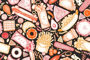 Fast food hand drawn vector seamless pattern. Street food background design template. Can be use for fast food restaurant or cafe menu or packaging design.