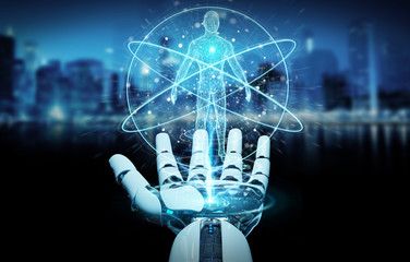 White robot hand scanning human body 3D rendering