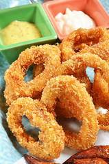 Deep fried squid rings with sauce bowl.