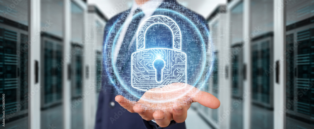 Poster businessman protecting his datas with digital security hologram 3d rendering