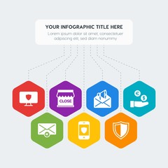 Flat geometric security, email, shopping infographic steps template with 7 options for presentations, advertising, annual reports