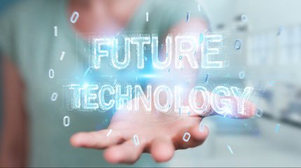 Businesswoman using future technology text interface 3D rendering