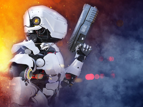 3D rendering of a futuristic robot hero cop holding gun.