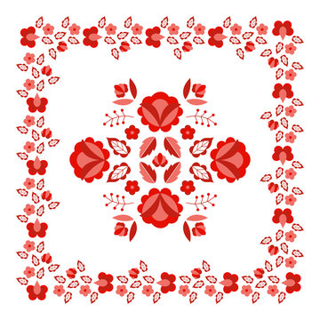 Polish folk pattern vector. Floral ethnic ornament. Slavic eastern european print. Red flower frame design for rustic wedding card, bohemian pillow case, fashion embroidery scarf, boho tablecloth.