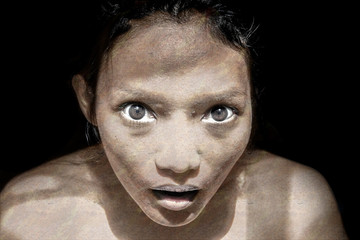 Woman infected with epidemic disease. Portrait of a horrible zombie woman. The girl is obsessed...