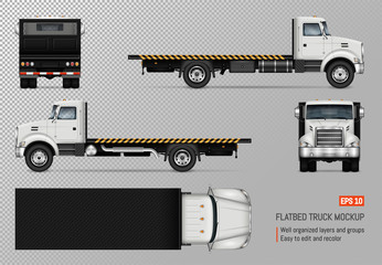 Flatbed truck vector mockup. Isolated template of the white lorry on transparent background for vehicle branding, corporate identity. View from left, right, front, back, and top sides. © Yuri Schmidt