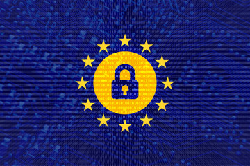 GDPR and privacy laws. European flag with stars and padlock to indicate new rules about privacy. Technology background.