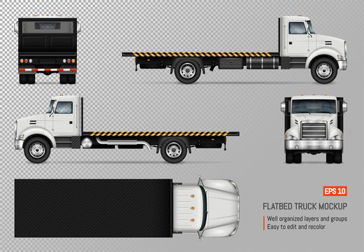 Flatbed truck vector mockup. Isolated template of the white lorry on transparent background for vehicle branding, corporate identity. View from left, right, front, back, and top sides.