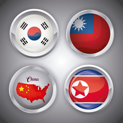 Icon set of Asian flags in button shapes over gray background, colorful design. vector illustration