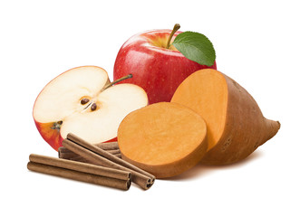Sweet potato, cinnamon and red apple half isolated on white