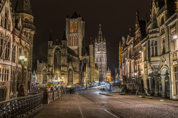 Fototapeta na wymiar Night lights of Ghent in Belgium
