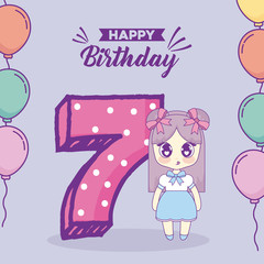 Happy birthday design with Kawaii Anime girl and number 7 over blue background, colorful design. vector illustration