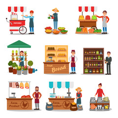 Flat vector set of street vendor selling various products. Seller near cart. Local farmers market. Fresh food on counters