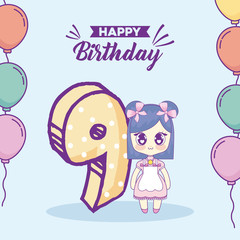 Happy birthday design with Kawaii Anime girl and number 9 over blue background, colorful design. vector illustration