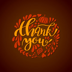 Thanksgiving card design with elegant branch round frame and text, vector illustration. Lettering design