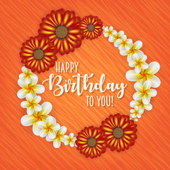 Birthday card with frame decorated with flowers and vintage retro background.