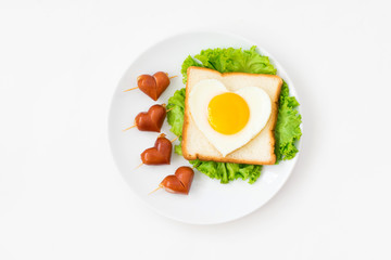 top view of cute breakfast on white background