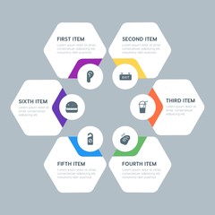 Flat geometric food, health, hotel, drinks infographic steps template with 6 options for presentations, advertising, annual reports.