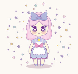 kawaii anime girl with decorative stars around over pink background, colorful design. vector illustration