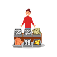 Young smiling woman standing near stand with fresh fish at local market. Street seafood shop. Flat vector design