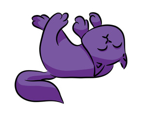 The purple cat is lying serenely on the floor. A series of silly multi-colored cats.