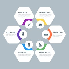 Flat geometric food, health, hotel, drinks infographic steps template with 6 options for presentations, advertising, annual reports.