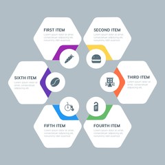 Flat geometric food, health, hotel, drinks infographic steps template with 6 options for presentations, advertising, annual reports.