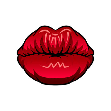 Female kissing lips with bright red lipstick. Icon of woman s month. Part of human face. Flat vector design for mobile app or postcard