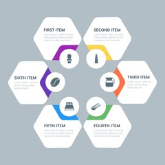 Flat geometric food, health, hotel, drinks infographic steps template with 6 options for presentations, advertising, annual reports.