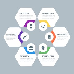 Flat geometric food, health, hotel, drinks infographic steps template with 6 options for presentations, advertising, annual reports.
