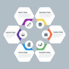 Fototapeta premium Flat geometric food, health, hotel, drinks infographic steps template with 6 options for presentations, advertising, annual reports.