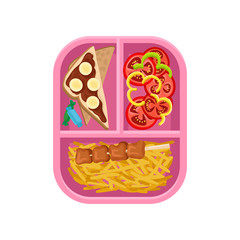 Flat vector icon of lunch on tray. Chocolate banana sandwich, french fries with shish kebab, sliced tomatoes and pepper rings