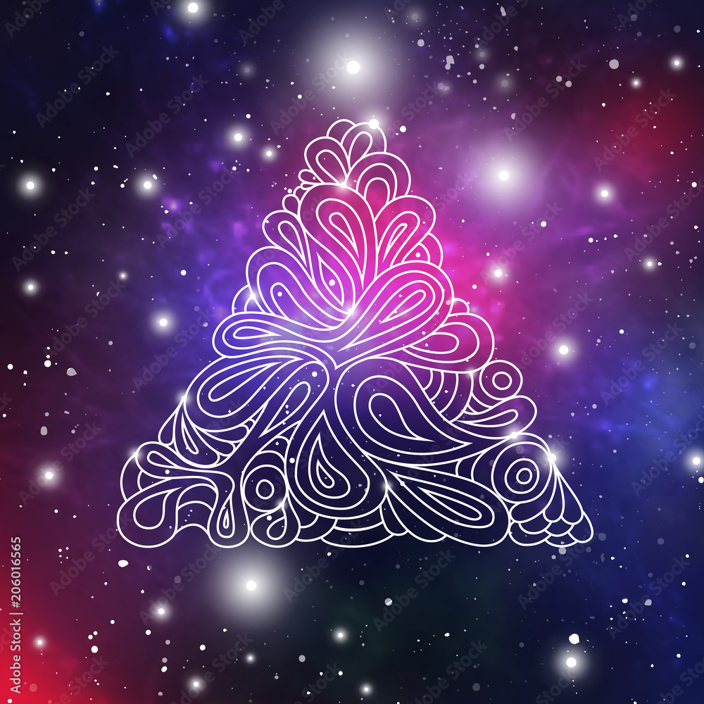 Poster wavy hipster triangle. hand-drawn triangle composed from waves and curves on galaxy background. retr