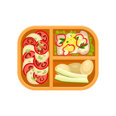 Plastic tray with tasty food. Boiled potatoes, delicious sandwich, vegetables. Delicious meal for lunch. Flat vector design