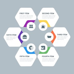 Flat geometric food, health, hotel, drinks infographic steps template with 6 options for presentations, advertising, annual reports.