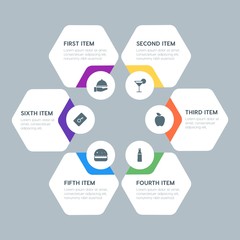 Flat geometric food, health, hotel, drinks infographic steps template with 6 options for presentations, advertising, annual reports.