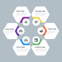 Fototapeta premium Flat geometric food, health, hotel, drinks infographic steps template with 6 options for presentations, advertising, annual reports.