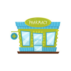 Obraz premium Pharmacy building facade with signboard, glass door and windows. Exterior of drugstore in cartoon style. Flat vector design