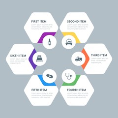 Flat geometric food, health, hotel, drinks infographic steps template with 6 options for presentations, advertising, annual reports.