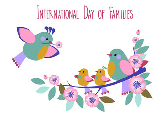 Vector illustrationof cute cartoon birds . Colorful Card with Flowering branch and Birds. Can be used for your postcards, greeting cards, printing business cards , posters and other printing. Grouped 