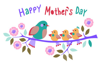 Vector illustrationof cute cartoon birds . Colorful Card with Flowering branch and Birds. Can be used for your postcards, greeting cards, printing business cards , posters and other printing. Grouped 