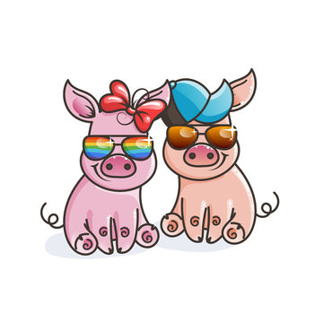 Cute cartoon baby pigs in a cool rainbow glasses